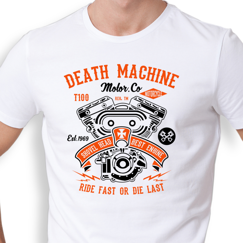 "Death Machine ORANGE" - pánske/unisex tričko biele/čierne 